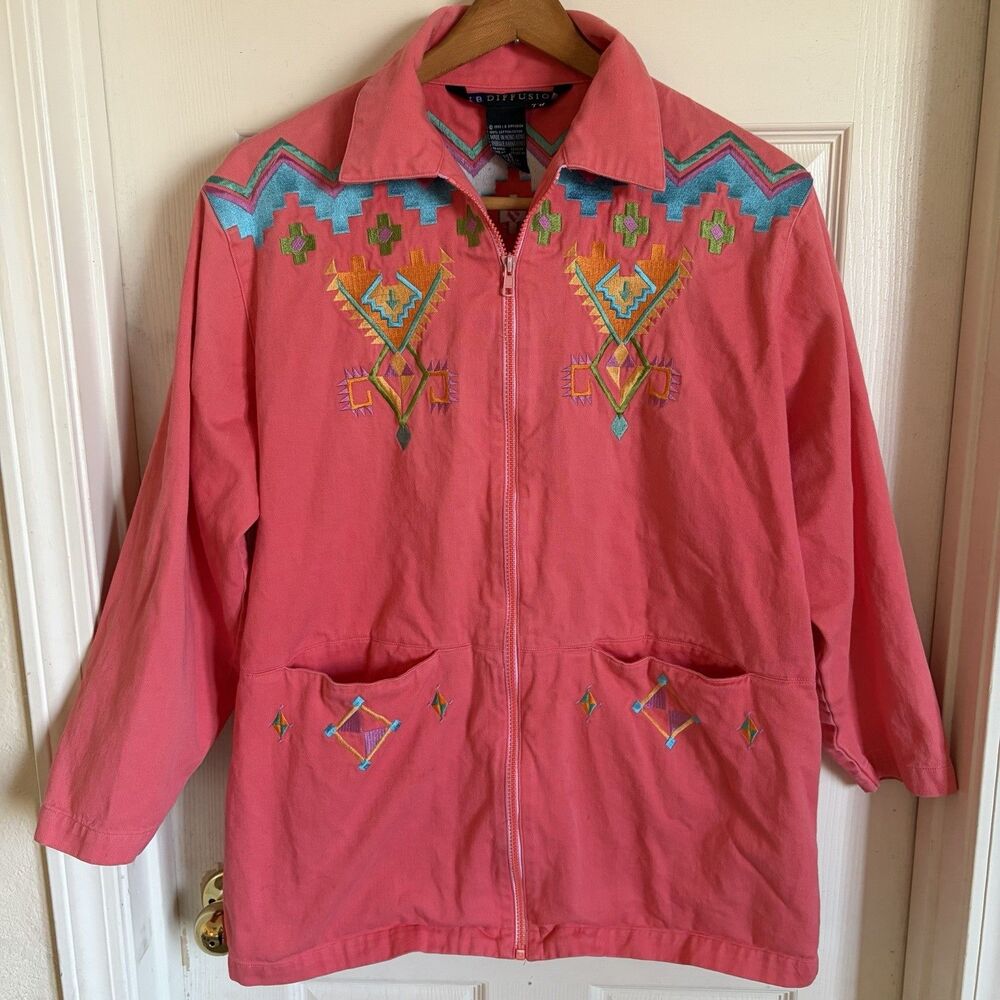 Vintage 90s Southwestern Aztec Embroidered Coral Pink Full Zip Jacket Women’s 8